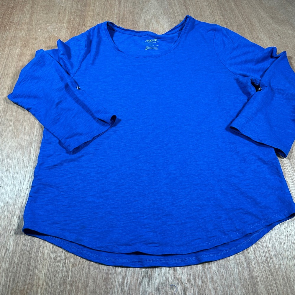 Chico's Ultimate Tee Women Size 2(L) Blue 3/4 Sleeve Scoop Neck Slub Knit Top